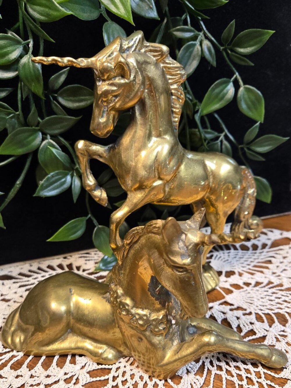 Vintage Solid Brass Unicorn Figurines Pair 1970s 80s Fantasy Decor